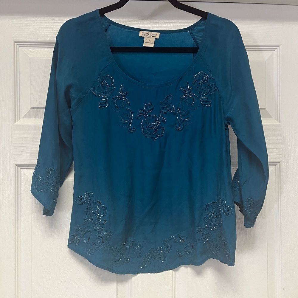 Lucky Brand Blue Silk Beaded Top s XS